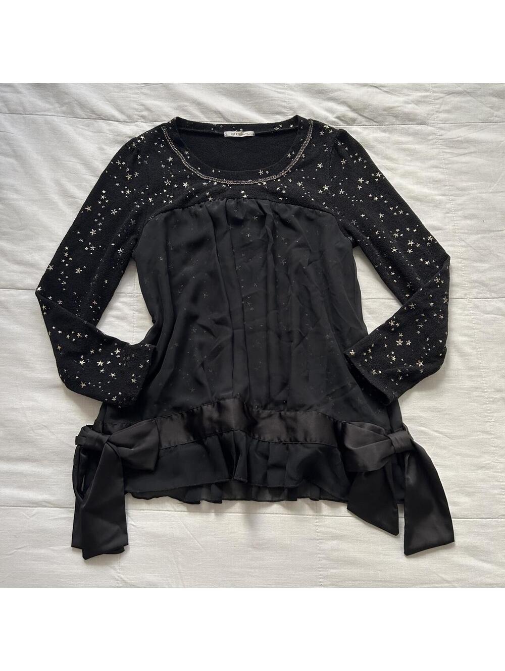 Axes Femme Black Star Print Satin Bow Ruffle Tunic Blouse Medium Japan